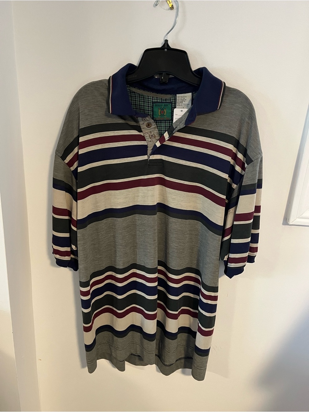 Men’s Vintage Bugle Boy Polo Short with Navy, Burgundy & Green Stripes - Size L